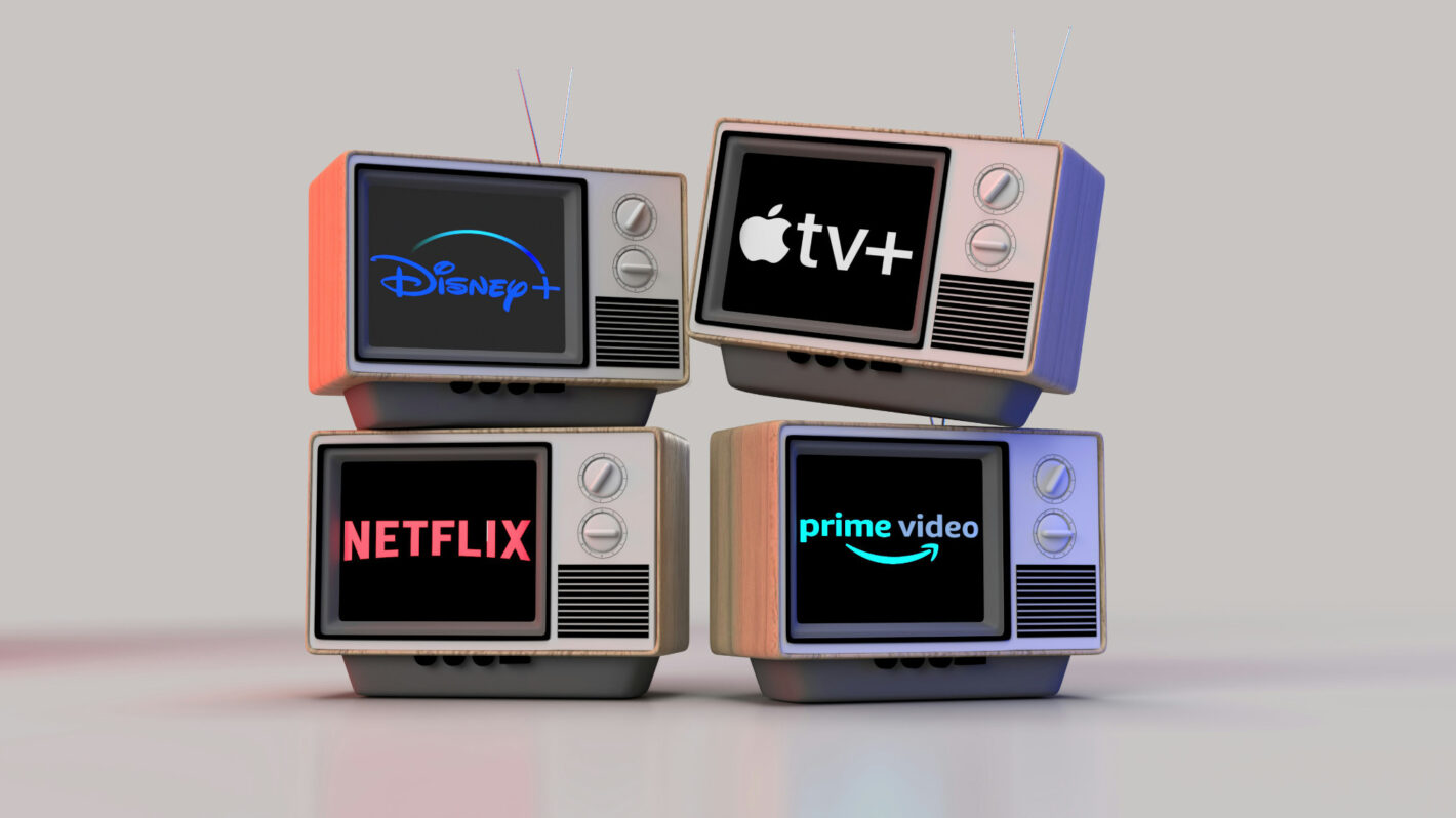 Graphic of streaming services' logos displayed on televisions