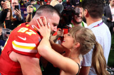 Travis Kelce #87 of the Kansas City Chiefs celebrates with Taylor Swift after defeating the San Francisco 49ers 25-22 in overtime during Super Bowl LVIII at Allegiant Stadium on February 11, 2024 in Las Vegas, Nevada.