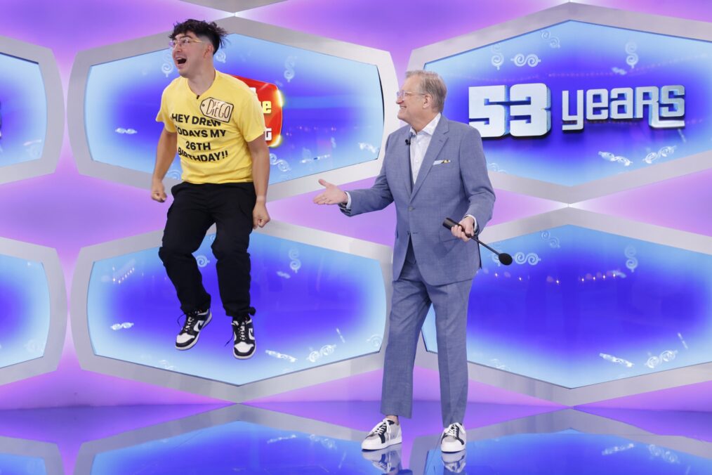 Drew Carey with a contestant from 'The Price Is Right' Season 53 Premiere