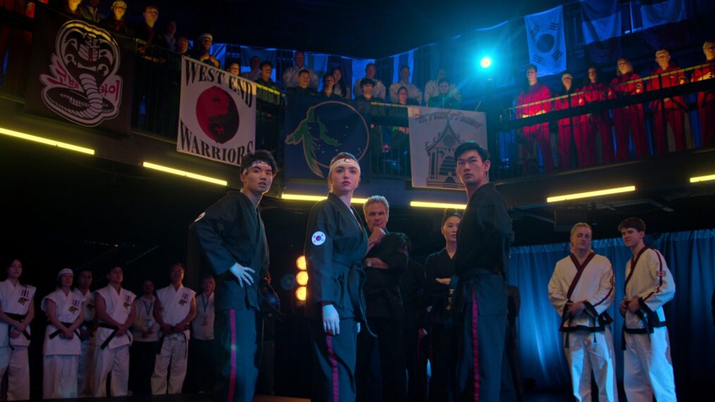Brandon H. Lee as Kwon, Peyton List as Tory Nichols, Martin Kove as John Kreese, Alicia Hannah-Kim as Kim Da-Eun, Daniel Kim as Yoon in Cobra Kai. Cr. Courtesy of Netflix © 2024