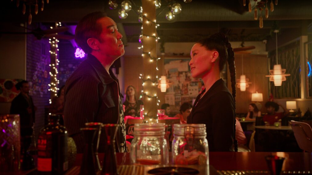 Yuji Okumoto as Chozen, Alicia Hannah-Kim as Kim Da-Eun in Cobra Kai.
