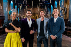 Judges Carla Hall and Jozef Youssef with Hosts James and Oliver Phelps in The Great Hall, as seen on Harry Potter: Wizards of Baking
