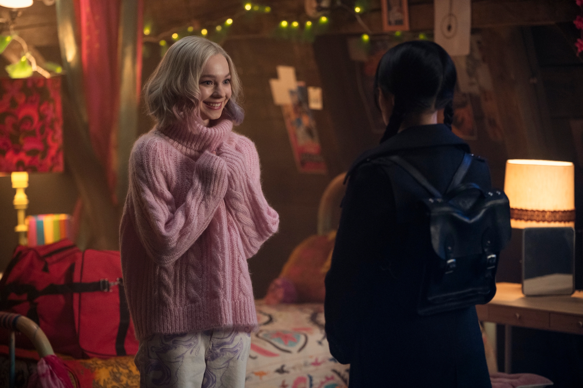 Emma Myers as Enid Sinclair, Jenna Ortega as Wednesday Addams in episode 107 of Wednesday.
