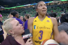 Screenshot from WNBA YouTube video of Candace Parker saying, 'This is for Pat.'