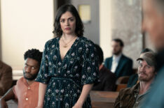 Jay Will as Tyson Mitchell, Tatiana Zappardino as Tina, and Garrett Hedlund as Mitch Keller in Tulsa King - 'Back in the Saddle'