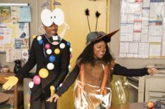 Tyler James Williams and Quinta Brunson as Mr. D.N.A. and the mosquito in amber from 'Jurassic Park' for 'Abbott Elementary's Halloween episode