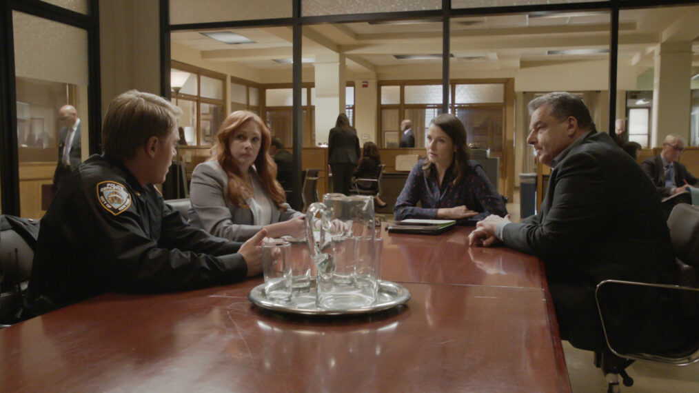 Diego Klattenhoff as Officer Michael Tate, Kerry McGann as Gia Abbruzi, Bridget Moynahan as Erin Reagan Boyle an Steve Schirripa as Anthony Abetemarco in 'Blue Bloods' Season 14 Episode 12 - 'Without Fear or Favor'