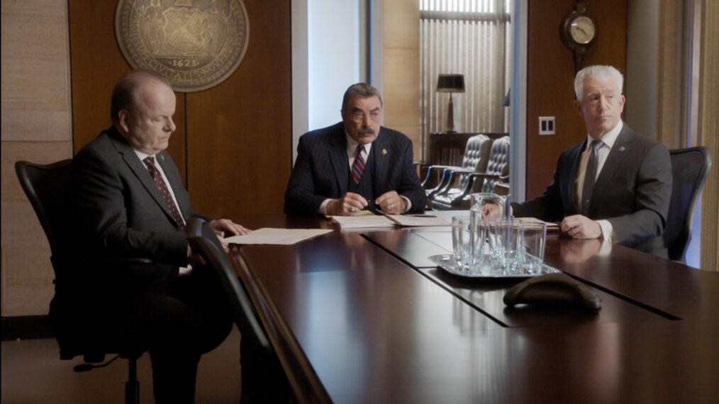 Robert Clohessy as Lt. Gormley, Tom Selleck as Frank Reagan, and Gregory Jbara as DCPI Garrett Moore in 'Blue Bloods' Season 14 Episode 12 - 'Without Fear or Favor'