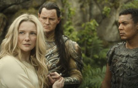 Morfydd Clark as Galadriel; Benjamin Walker as High King Gil-galad; Ismael Cruz Córdova as Arondir in 'The Rings of Power' Season 2 finale
