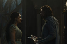 Cynthia Addai-Robinson as Queen Regent Míriel; Lloyd Owen as Elendil in 'The Rings of Power' Season 2 finale