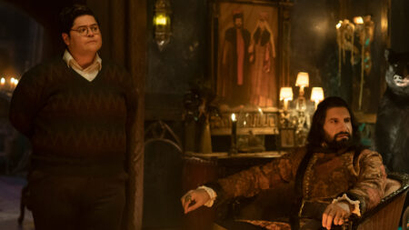Kayvan Novak as Nandor, and Harvey Guillén as Guillermo in 'What We Do In The Shadows.'