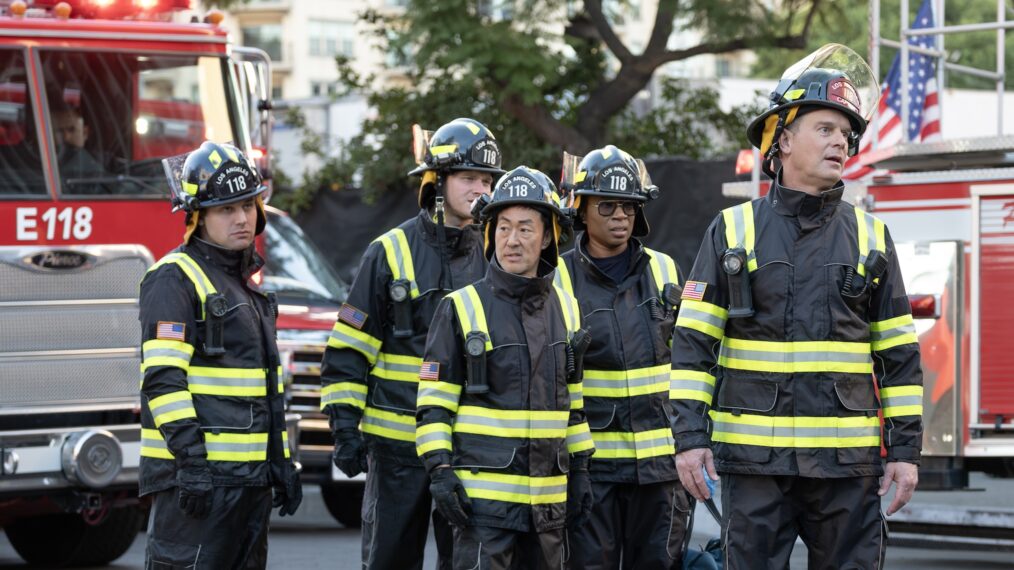 Ryan Guzman as Eddie, Oliver Stark as Buck, Kenneth Choi as Chimney, Aisha Hinds as Hen, and Peter Krause as Bobby — '9-1-1' Season 8 Episode 8 