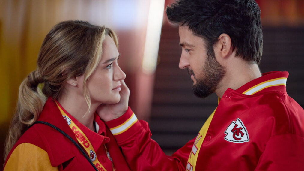 Hunter King and Tyler Hynes in 'Holiday Touchdown: A Chiefs Love Story'
