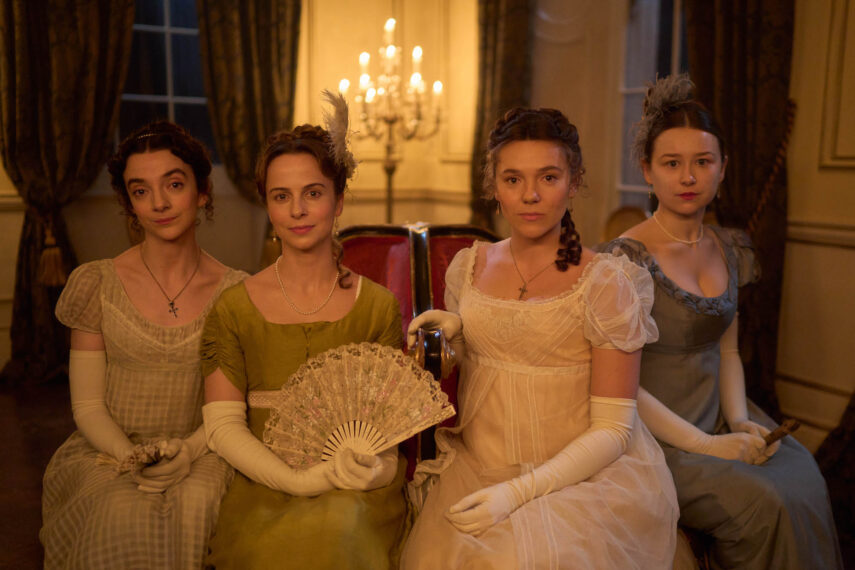 Patsy Ferran as Jane Austen, Madeleine Walker as Eliza Fowle, Synnøve Karlsen as Cassy Austen, and Liv Hill as Young Mary in 'Miss Austen'