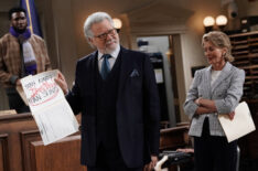 Nyambi Nyambi as Wyatt, John Larroquette as Dan Fielding, Wendie Malick as Julianne Walters in 'Night Court' Season 3 Episode 1 - 'The Judge’s Boyfriend’s Dad'