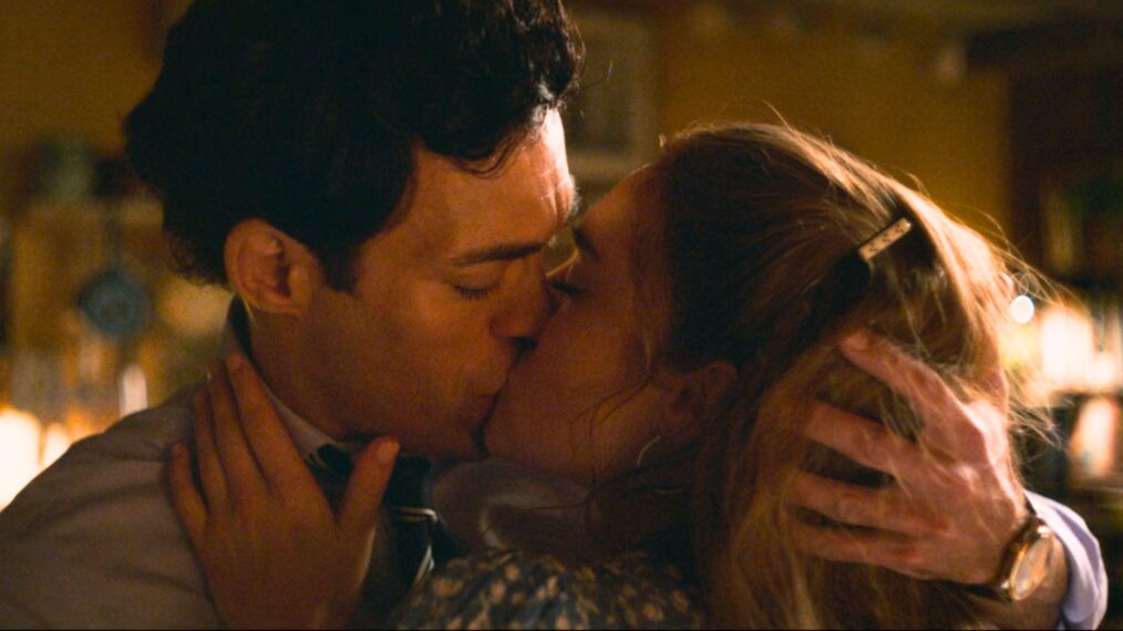 Alex Hassell and Bella Maclean kissing in Rivals - Season 1