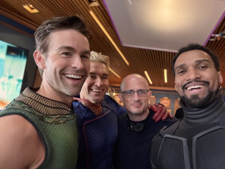 Chace Crawford, Antony Starr, Eric Kripke, and Nathan Mitchell behind the scenes of 'The Boys' Season 5