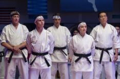 William Zabka as Johnny Lawrence, Tanner Buchanan as Robby Keene, Ralph Macchio as Daniel LaRusso, Mary Mouser as Samantha LaRusso, Yuji Okumoto as Chozen in Cobra Kai