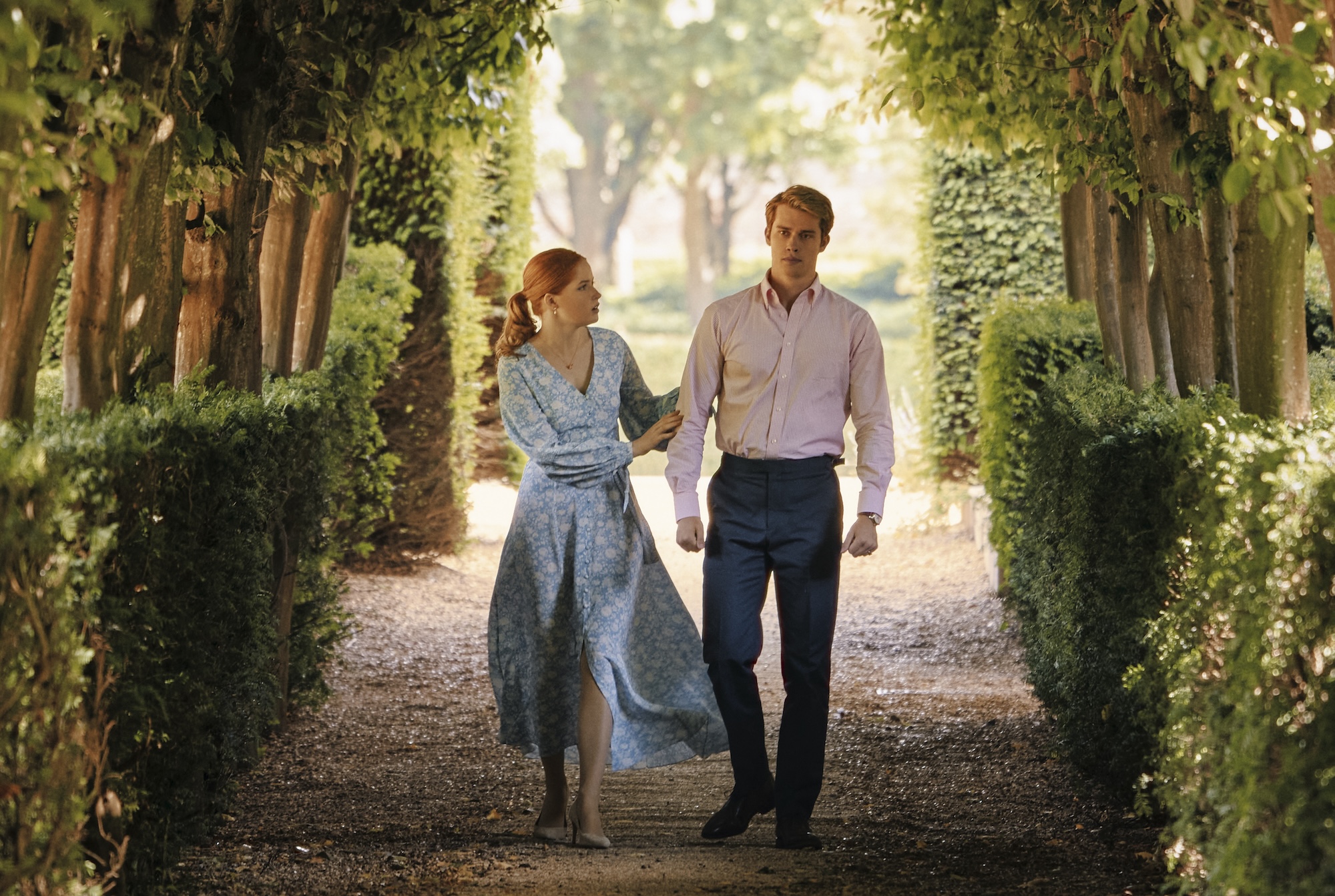 Ellie Bamber as Princess Bea and Nicholas Galitzine as Prince Henry in Prime Video’s Red, White & Royal Blue.