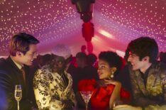 Nicholas Galitzine as Prince Henry, Malcolm Atobrah as Percy Okonjo, Rachel Hilson as Nora Holleran, and Taylor Zakhar Perez as Alex Claremont-Diaz in Red, White & Royal Blue