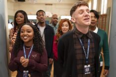 Janelle James, Quinta Brunson, Tyler James Williams, William Stanford Davis, Lisa Ann Walter, Chris Perfetti, and Sheryl Lee Ralph in 'Abbott Elementary's crossover with 'It's Always Sunny in Philadelphia'