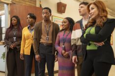 Janelle James, Sheryl Lee Ralph, Tyler James Williams, Quinta Brunson, Chris Perfetti, and Lisa Ann Walter in 'Abbott Elementary's crossover with 'It's Always Sunny in Philadelphia'