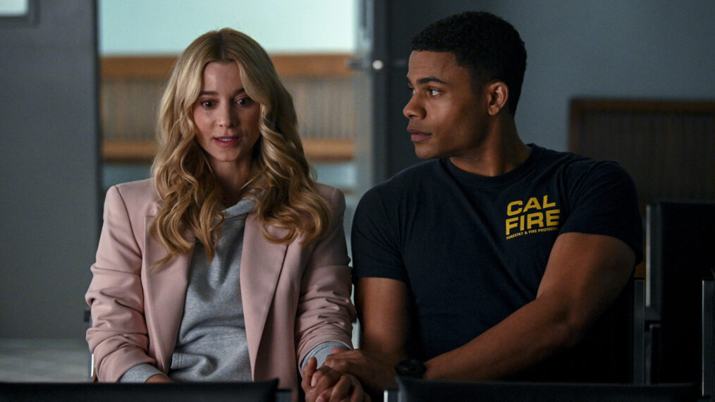 Sabina Gadecki as Cara and Jordan Calloway as Jake Crawford in the 'Fire Country' Season 1 finale