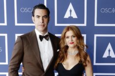 Sacha Baron Cohen and Isla Fisher pose for a photo during a screening of the Oscars on Monday April 26, 2021 in Sydney, Australia.