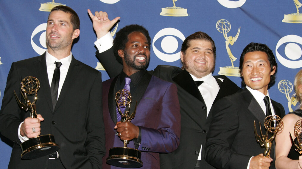 Matthew Fox, Harold Perrineau Jr., Jorge Garcia, and Daniel Dae Kim celebrating 'Lost' winning Outstanding Drama Series at the 2005 Primetime Emmy Award
