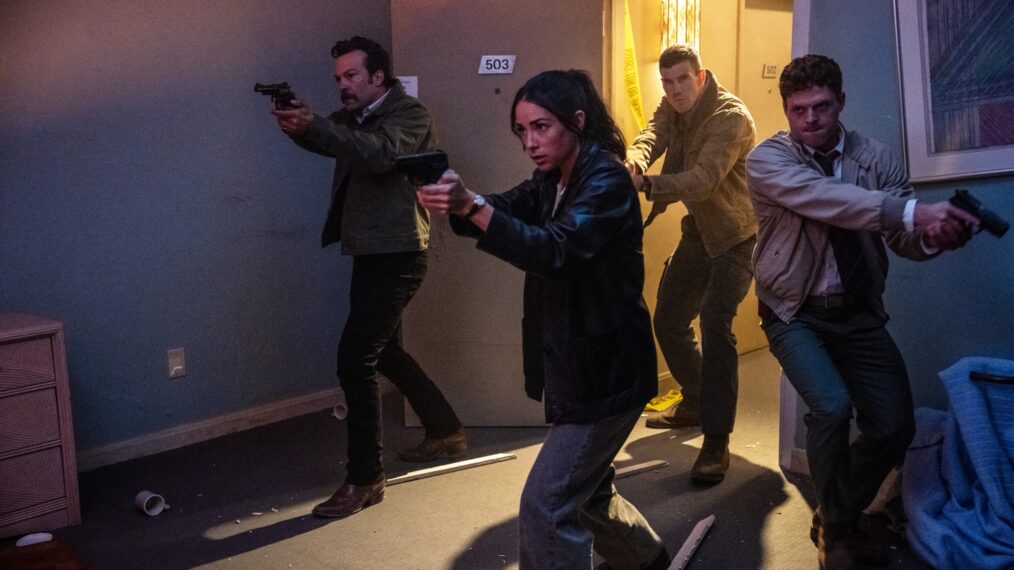 Kyle Schmid as Mike Franks, Mariel Molino as Cecilia “Lala” Dominguez, Austin Stowell as Leroy Jethro Gibbs, and Caleb Foote as Bernard “Randy” Randolf — 'NCIS: Origins' Premiere 