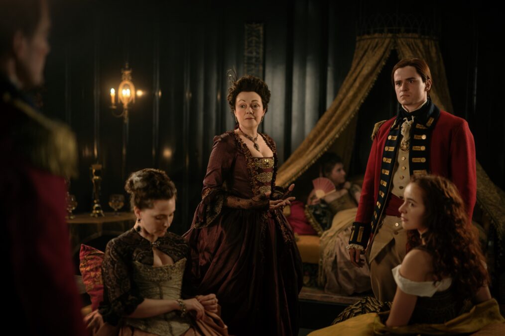 Gillian Kirkpatrick, Silvia Presente, and Charles Vandervaart in 'Outlander' Season 7