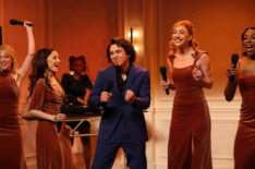 Sarah Sherman, host Ariana Grande, Marcello Hernández as Domingo, Heidi Gardner, and Ego Nwodim during the “Bridesmaid Speech” sketch in 'SNL' Season 50 Episode 3