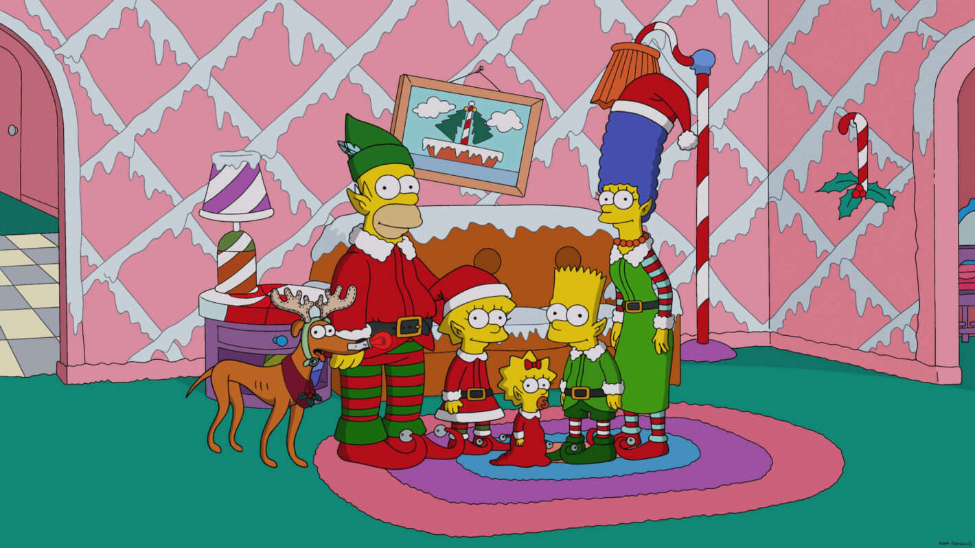 THE SIMPSONS, (from left): Santa's Little Helper, Homer Simpson, Lisa Simpson, Maggie Simpson, Bart
