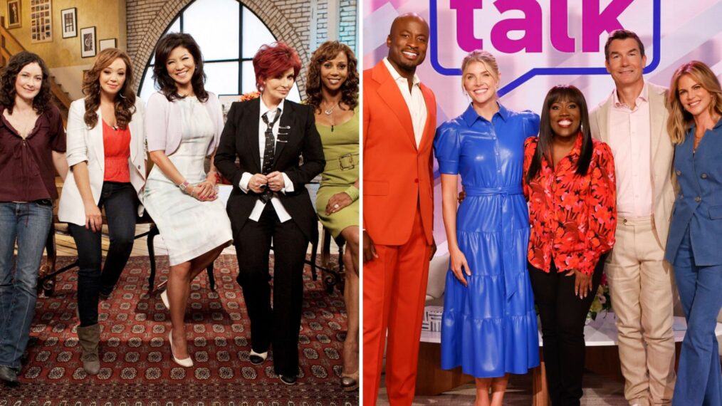 Sara Gilbert, Leah Remini, Julie Chen Moonves, Sharon Osbourne, Holly Robinson Peete, and Marissa Jaret Winokur of 'The Talk' Season 1; Akbar Gbajabiamila, Amanda Kloots, Sheryl Underwood, Jerry O'Connell, and Natalie Morales of 'The Talk' Season 14