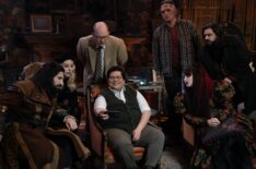 Kayvan Novak as Nandor, Kristen Schaal as The Guide, Mark Proksch as Colin Robinson, Harvey Guillén as Guillermo, Andy Assaf as Monster, Natasia Demetriou as Nadja, and Matt Berry as Laszlo in 'What We Do in the Shadows' finale