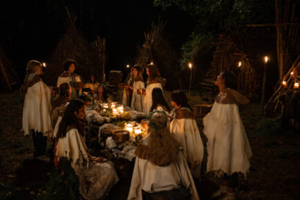 Jenna Burgess as Teen Melissa, Liv Hewson as Teen Van, Jasmin Savoy Brown as Teen Taissa, Nia Sondaya as Teen Akilah, Courtney Eaton as Teen Lottie, Anisa Harris as Teen Robin, Vanessa Prasad as Teen Gen, Sophie Thatcher as Teen Natalie, Sophie Nélisse as Teen Shauna, Alexa Barajas as Teen Mari, Samantha Hanratty as Teen Misty, Kevin Alves as Teen Travis and Silvana Estifanos as Teen Britt in 'Yellowjackets' Season 3 Episode 1