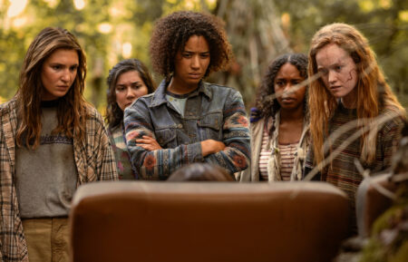 Sophie Nélisse as Teen Shauna, Vanessa Prasad as Teen Gen, Jasmin Savoy Brown as Teen Taissa, Silvana Estifanos as Teen Britt and Liv Hewson as Teen Van in 'Yellowjackets' Season 3 Episode 8