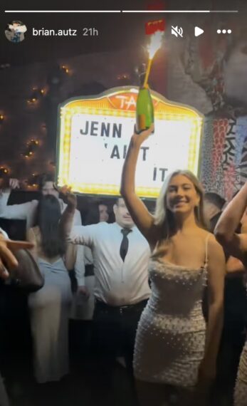 Brian Autz Instagram story screenshot with people partying and a sign that says, "Jenn 'Aint It."