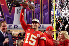 Patrick Mahomes #15 of the Kansas City Chiefs holds the Lombardi Trophy after defeating the San Francisco 49ers 25-22 during Super Bowl LVIII at Allegiant Stadium on February 11, 2024 in Las Vegas, Nevada.