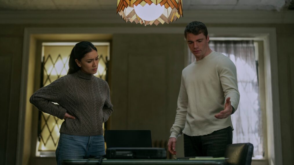 Luciane Buchanan as Rose Larkin, Gabriel Basso as Peter Sutherland in The Night Agent