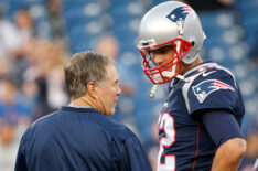 Bill Belichick of the New England Patriots and Tom Brady #12 chat before a preseason game with the New York Giants at Gillette Stadium on August 31, 2017 in Foxboro, Massachusetts.