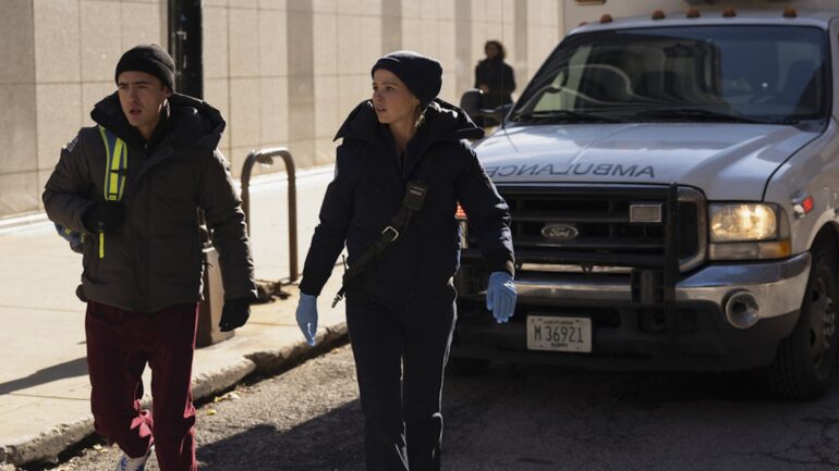 Darren Barnet as Dr. John Frost, Jocelyn Hudon as Lizzy Novak — 'Chicago Fire' Season 13 Episode 11 "In the Trenches: Part 1"