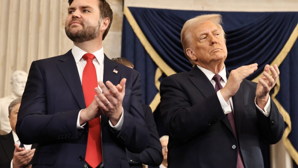 U.S. Vice President J.D. Vance and U.S. President Donald Trump react during inauguration ceremonies