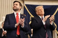 U.S. Vice President J.D. Vance and U.S. President Donald Trump react during inauguration ceremonies