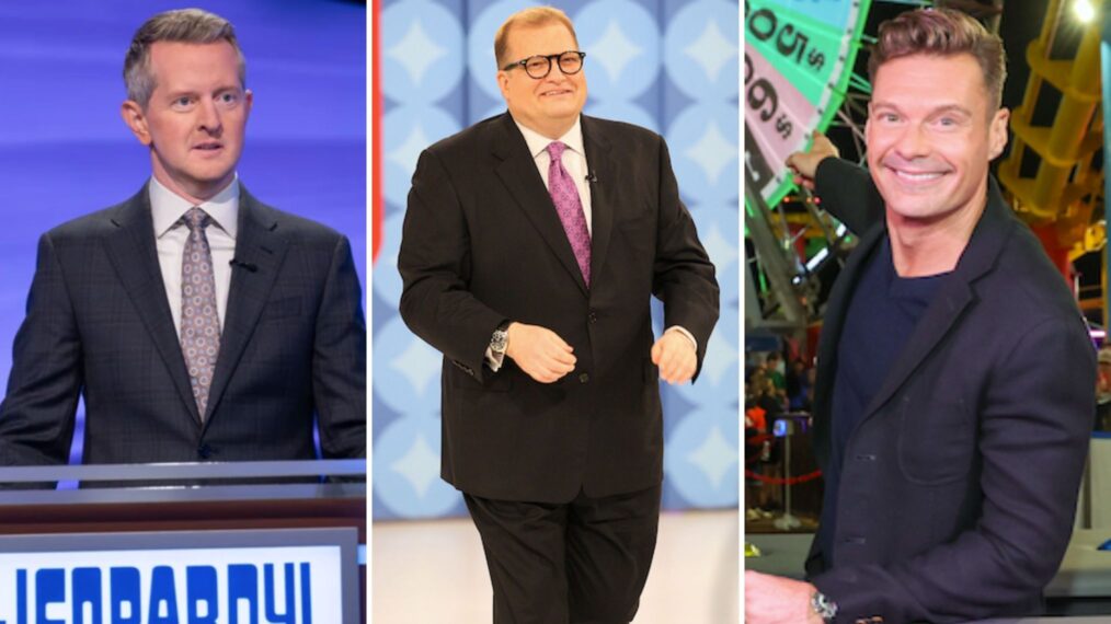 Ken Jennings on Celebrity Jeopardy!, Host Drew Carey speaks during his 100th Episode of 