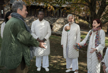 Eric McCormack as Tom Murphey, Dan Cordle as Ron, and Carrie Preston as Elsbeth Tascioni in 'Elsbeth' Season 2 Episode 9 - 'Unalive and Well'
