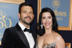 Jacqueline MacInnes Wood and Elan Ruspoli pose with the award for 'Outstanding Lead Performance In A Daytime Drama Series: Actress' with Elan Ruspoli in the press room during the 50th Daytime Emmy Awards at The Westin Bonaventure Hotel & Suites, Los Angeles on December 15, 2023 in Los Angeles, California.