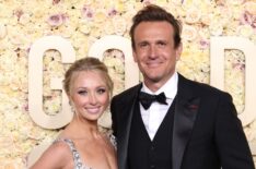 Kayla Radomski and Jason Segel attend the 81st Annual Golden Globe Awards at The Beverly Hilton on January 07, 2024 in Beverly Hills, California.