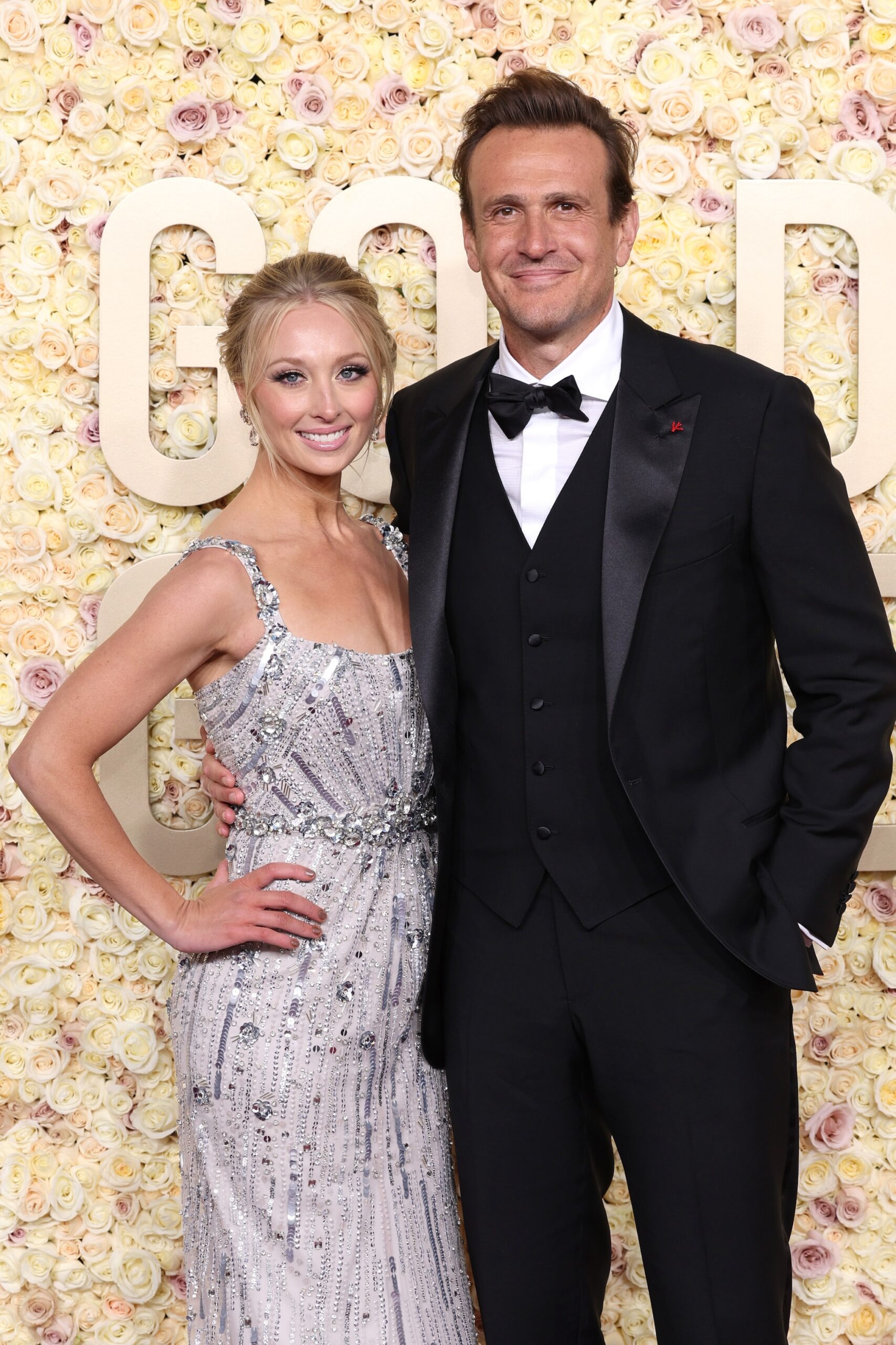 Kayla Radomski and Jason Segel attend the 81st Annual Golden Globe Awards at The Beverly Hilton on January 07, 2024 in Beverly Hills, California.