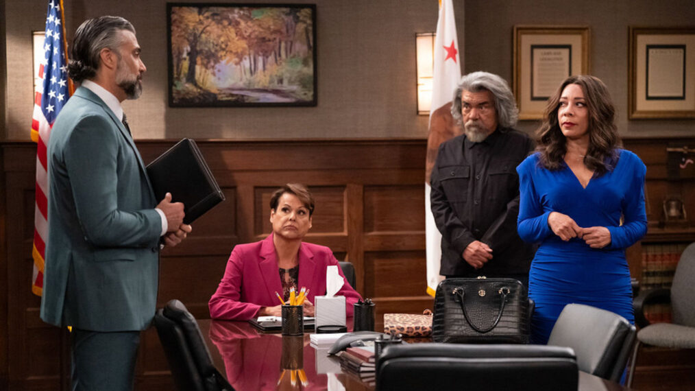 Jaime Camil as Josué, Alexandra Billings as Paula, George Lopez as George, Selenis Leyva as Rosie in 'Lopez vs Lopez' Season 3 Episode 7 - 'Lopez vs Josué'